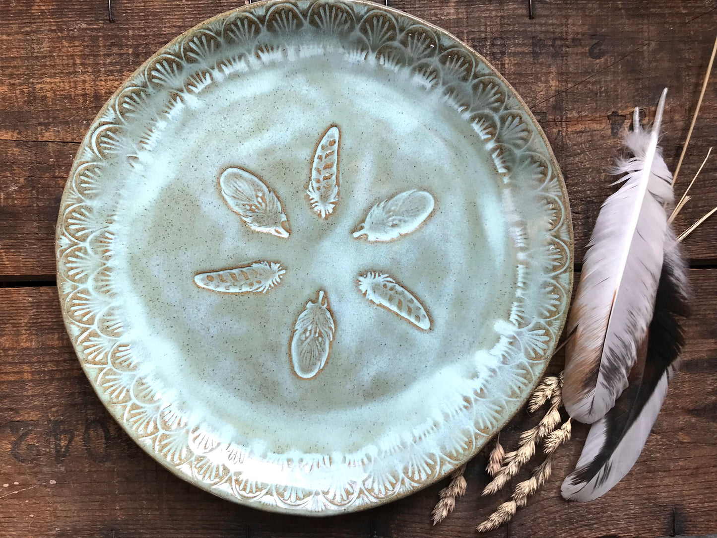 Rustic Wild Feathers Dinner Plate & Salad Plate ~ 10”  ~ Turquoise Glaze