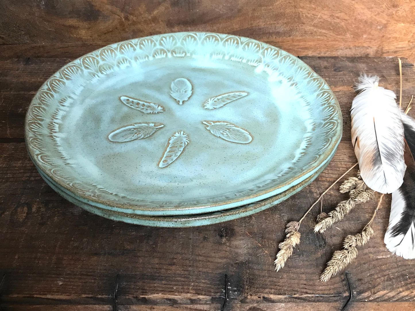 Rustic Wild Feathers Dinner Plate & Salad Plate ~ 10”  ~ Turquoise Glaze