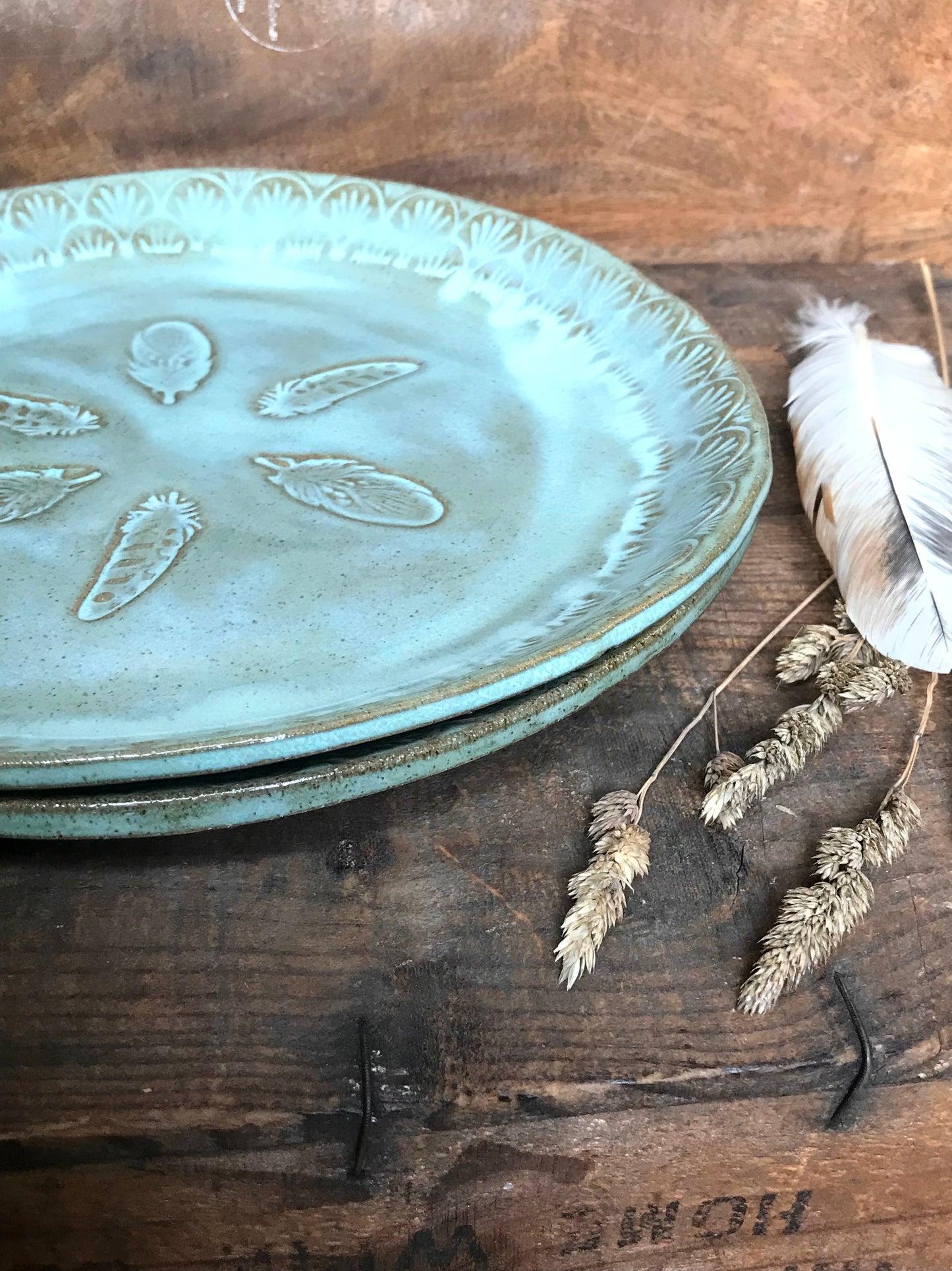 Rustic Wild Feathers Dinner Plate & Salad Plate ~ 10”  ~ Turquoise Glaze