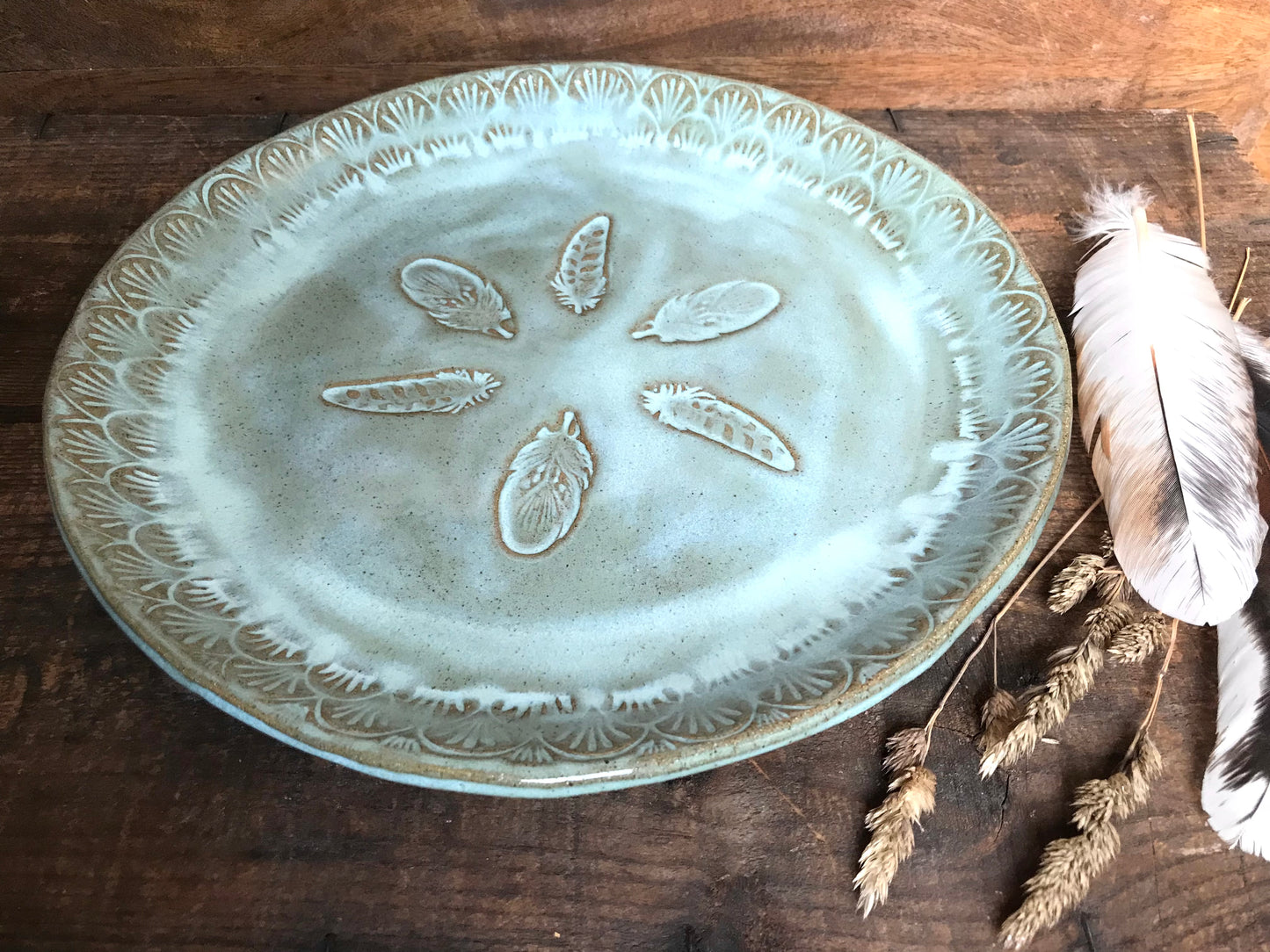 Rustic Wild Feathers Dinner Plate & Salad Plate ~ 10”  ~ Turquoise Glaze