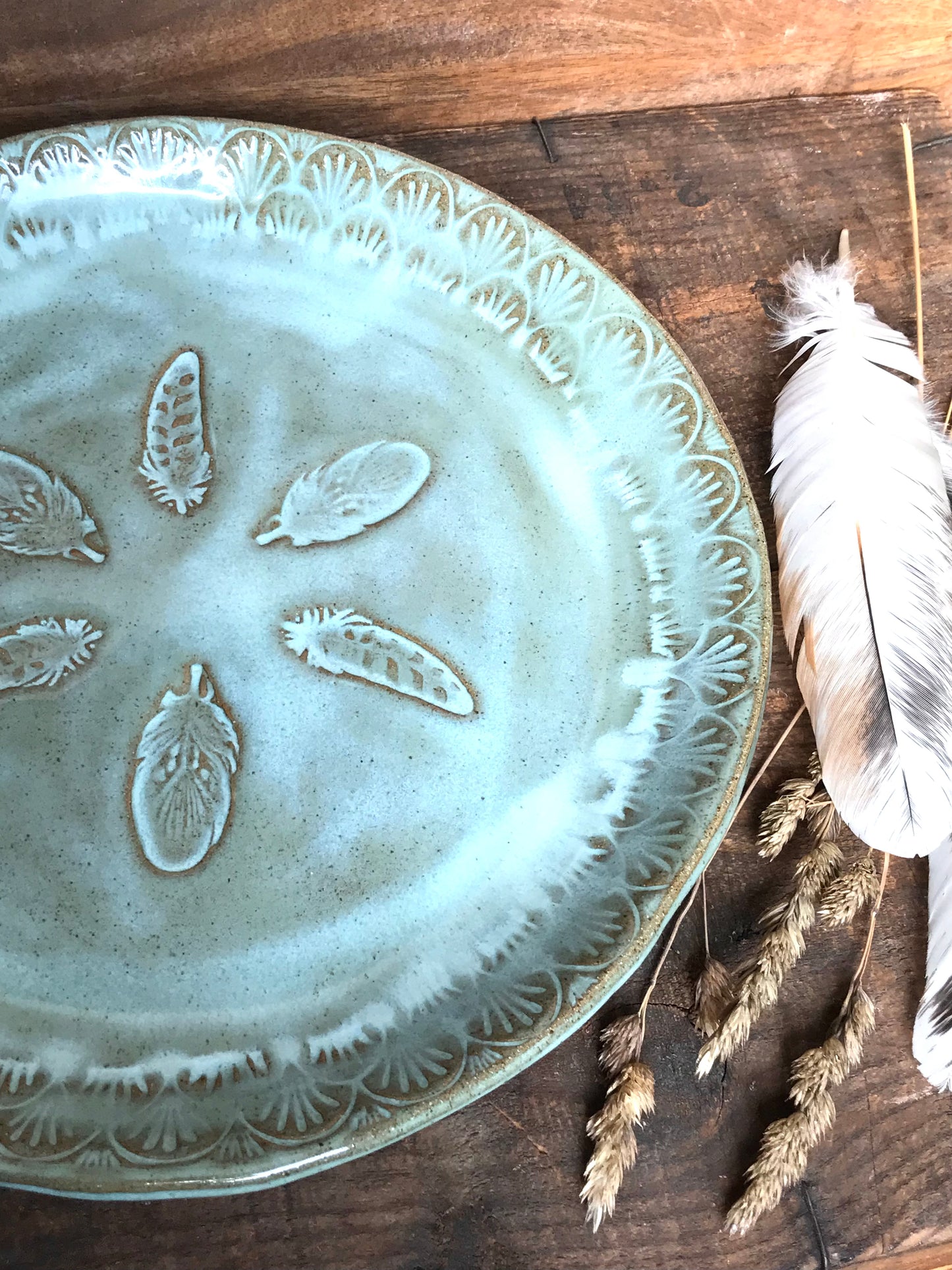 Rustic Wild Feathers Dinner Plate & Salad Plate ~ 10”  ~ Turquoise Glaze